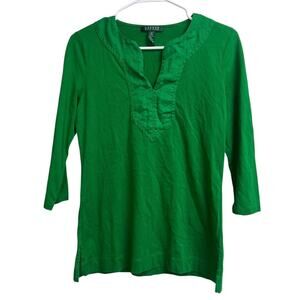Lauren Ralph Lauren Split Round Neck 3/4 Sleeve Woven Trim Knit Top Small Green